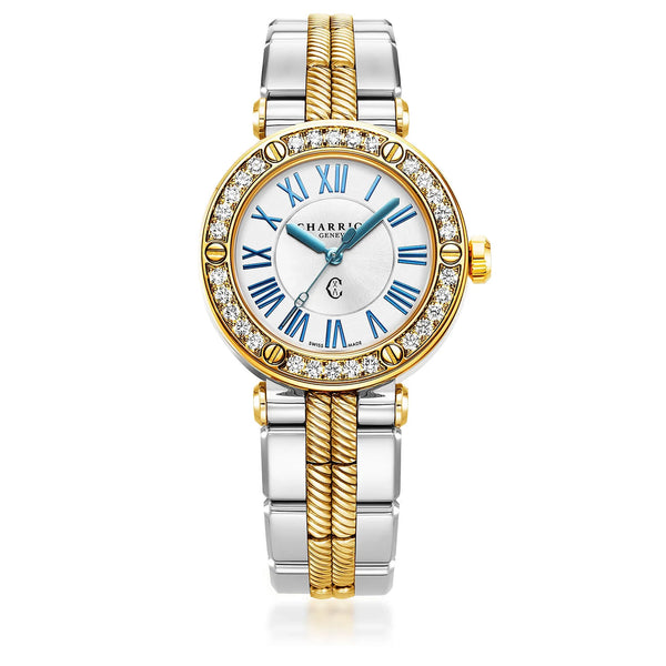charriol NAVIGATOR CRUISE 36MM QUARTZ CALIBRE WHITE MOTHER-OF-PEARL WITH 12 ROMAN FIGURES DIAL STEEL YELLOW GOLD PVD WITH 30 DIAMONDS & 6 SCREWS BEZEL METAL BICOLOR INTERCHANGEABLE BRACELET Watch