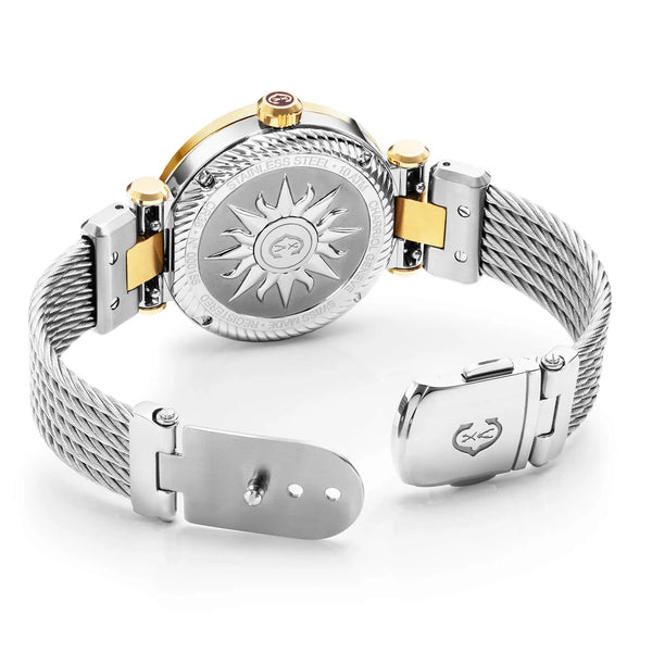 Charriol NAVIGATOR CRUISE 36MM QUARTZ CALIBRE WHITE MOTHER-OF-PEARL WITH 12 ROMAN FIGURES DIAL STEEL YELLOW GOLD PVD "CHARRIOL CHARRIOL" WITH 2 SCREWS STEEL INTERCHANGEABLE CABLE BRACELET Watch