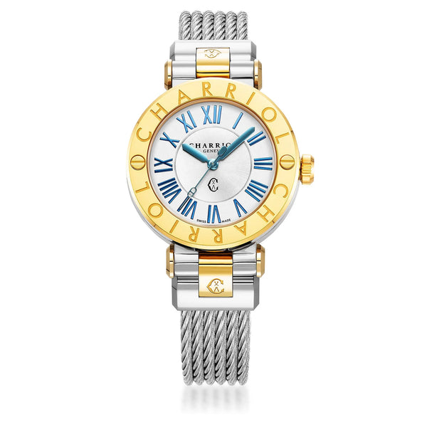 charriol NAVIGATOR CRUISE 36MM QUARTZ CALIBRE WHITE MOTHER-OF-PEARL WITH 12 ROMAN FIGURES DIAL STEEL YELLOW GOLD PVD "CHARRIOL CHARRIOL" WITH 2 SCREWS STEEL INTERCHANGEABLE CABLE BRACELET Watch