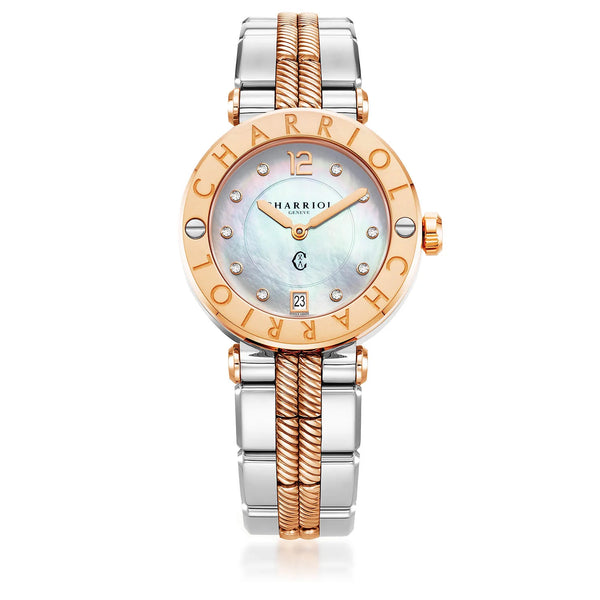 charriol NAVIGATOR CRUISE 36MM QUARTZ CALIBRE WHITE MOTHER-OF-PEARL WITH 10 DIAMONDS DIAL STEEL ROSE GOLD PVD "CHARRIOL CHARRIOL" WITH 2 SCREWS BEZEL METAL BICOLOR INTERCHANGEABLE BRACELET Watch