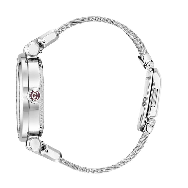 Charriol NAVIGATOR CRUISE 36MM QUARTZ CALIBRE WHITE MOTHER-OF-PEARL AND MATT WHITE SUN CENTER WITH 12 ROMAN FIGURES DIAL STEEL WITH 30 DIAMONDS BEZEL STEEL INTERCHANGEABLE CABLE BRACELET Watch