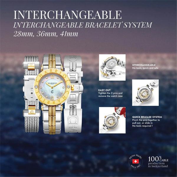 Charriol NAVIGATOR CRUISE 36MM QUARTZ CALIBRE WHITE MOTHER-OF-PEARL AND MATT WHITE SUN CENTER WITH 12 ROMAN FIGURES DIAL STEEL WITH 30 DIAMONDS BEZEL STEEL INTERCHANGEABLE CABLE BRACELET Watch