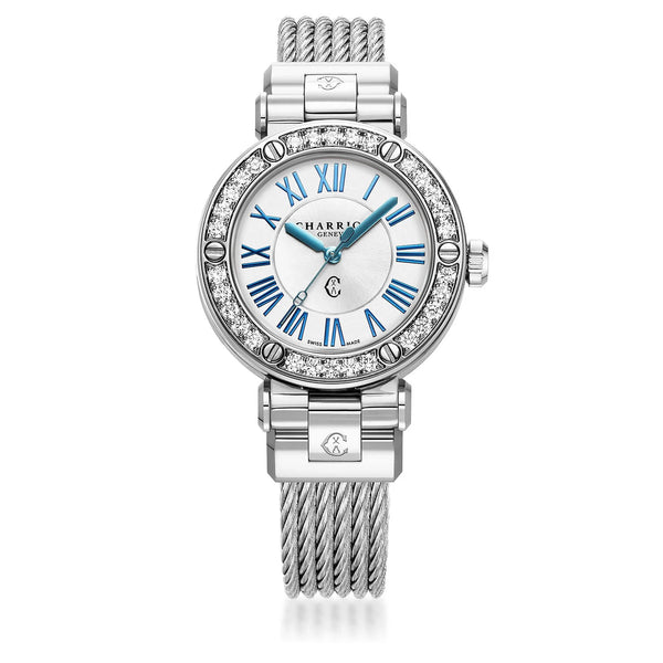 charriol NAVIGATOR CRUISE 36MM QUARTZ CALIBRE WHITE MOTHER-OF-PEARL AND MATT WHITE SUN CENTER WITH 12 ROMAN FIGURES DIAL STEEL WITH 30 DIAMONDS BEZEL STEEL INTERCHANGEABLE CABLE BRACELET Watch