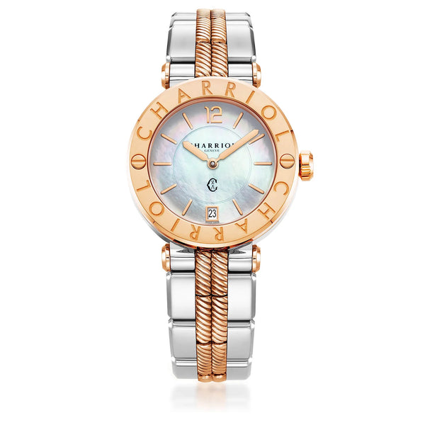 charriol NAVIGATOR CRUISE 36MM QUARTZ CALIBRE WHITE MOTHER OF PEARL WITH ROSE GOLD PVD INDEX DIAL STEEL ROSE GOLD PVD "CHARRIOL CHARRIOL" WITH 2 SCREWS BEZEL METAL BICOLOR INTERCHANGEABLE BRACELET Watch