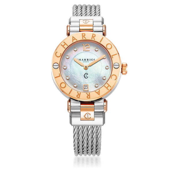charriol NAVIGATOR CRUISE 36MM QUARTZ CALIBRE WHITE MOTHER-OF-PEARL WITH 10 DIAMONDS DIAL STEEL ROSE GOLD PVD "CHARRIOL CHARRIOL" WITH 2 SCREWS BEZEL STEEL INTERCHANGEABLE CABLE BRACELET WITH ROSE GOLD PVD ATTACHED Watch
