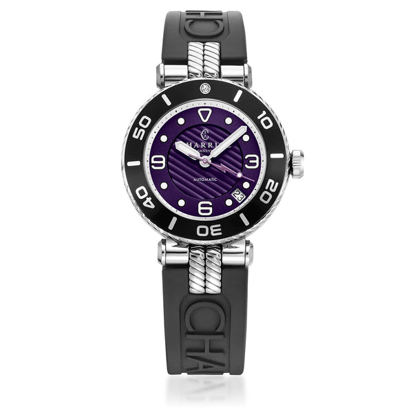 charriol NAVIGATOR SURF 36MM AUTOMATIC CALIBRE BLACK WITH 1 DIAMOND BEZEL PURPLE DIAL BLACK RUBBER INTERCHANGEABLE BRACELET Watch