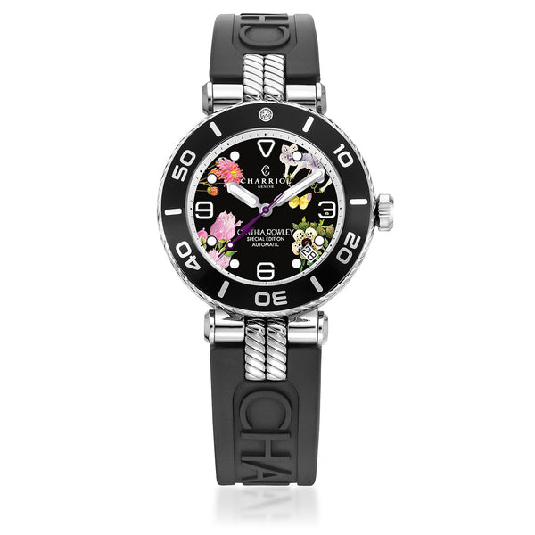charriol NAVIGATOR SURF 36MM AUTOMATIC CALIBRE FLOWER DIAL BLACK WITH 1 DIAMOND BEZEL BLACK RUBBER INTERCHANGEABLE BRACELET SPECIAL EDITION X CYNTHIA ROWLEY Watch