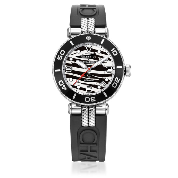 charriol NAVIGATOR SURF 36MM AUTOMATIC CALIBRE SHARK DETERRENT DIAL BLACK WITH 1 DIAMOND BEZEL BLACK RUBBER INTERCHANGEABLE BRACELET SPECIAL EDITION X CYNTHIA ROWLEY Watch