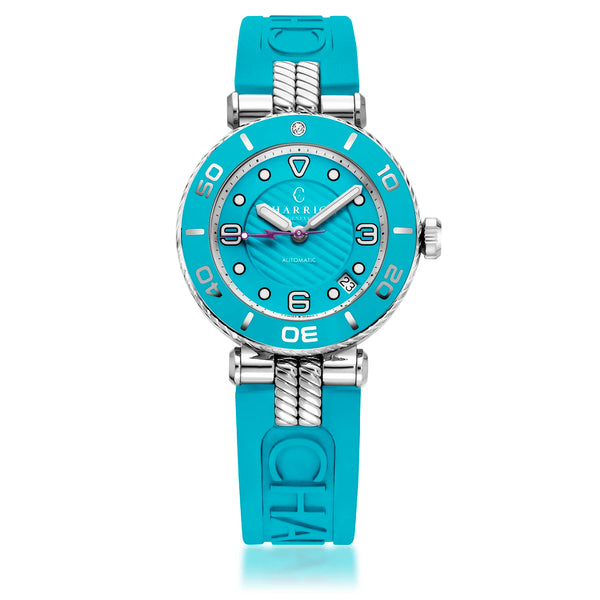 Charriol NAVIGATOR SURF 36MM AUTOMATIC CALIBRE TURQUOISE DIAL TURQUOISE BEZEL TURQUOISE RUBBER INTERCHANGEABLE BRACELET Watch