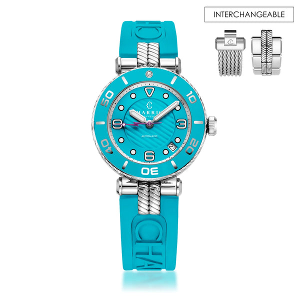 charriol NAVIGATOR SURF 36MM AUTOMATIC CALIBRE TURQUOISE DIAL TURQUOISE BEZEL TURQUOISE RUBBER INTERCHANGEABLE BRACELET Watch
