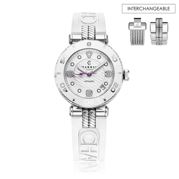 charriol NAVIGATOR SURF 36MM AUTOMATIC CALIBRE WHITE DIAL WHITE BEZEL WHITE RUBBER INTERCHANGEABLE BRACELET Watch charriol NAVIGATOR SURF 36MM AUTOMATIC CALIBRE WHITE DIAL WHITE BEZEL WHITE RUBBER INTERCHANGEABLE BRACELET Watch