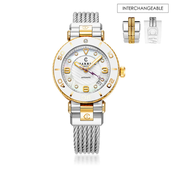 charriol NAVIGATOR SURF 36MM AUTOMATIC CALIBRE WHITE DIAL WHITE BEZEL STEEL CABLE INTERCHANGEABLE BRACELET Watch charriol NAVIGATOR SURF 36MM AUTOMATIC CALIBRE WHITE DIAL WHITE BEZEL STEEL CABLE INTERCHANGEABLE BRACELET Watch