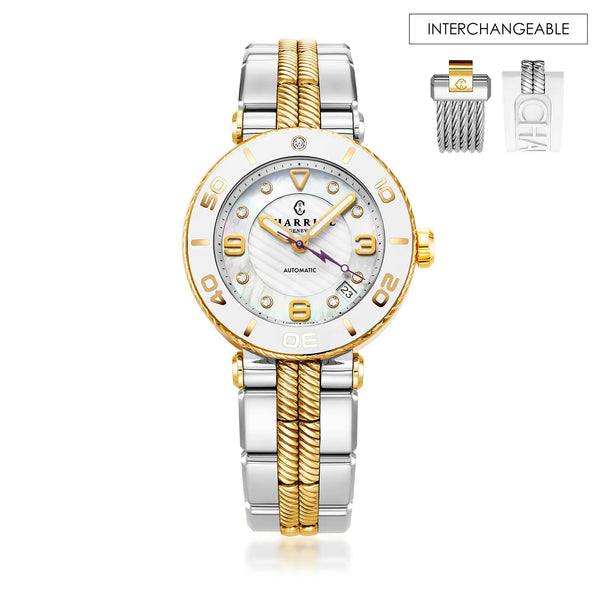 charriol NAVIGATOR SURF 36MM AUTOMATIC CALIBRE WHITE DIAL WHITE BEZEL STEEL BICOLOR INTERCHANGEABLE BRACELET Watch charriol NAVIGATOR SURF 36MM AUTOMATIC CALIBRE WHITE DIAL WHITE BEZEL STEEL BICOLOR INTERCHANGEABLE BRACELET Watch