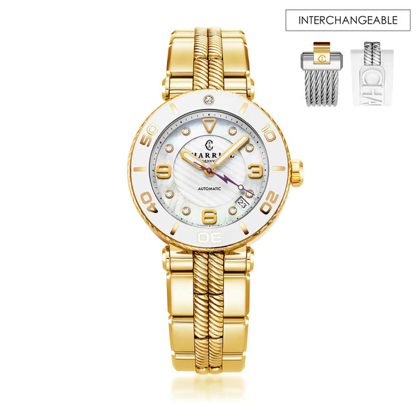 charriol NAVIGATOR SURF 36MM AUTOMATIC CALIBRE WHITE DIAL WHITE BEZEL YELLOW GOLD PVD INTERCHANGEABLE BRACELET Watch charriol NAVIGATOR SURF 36MM AUTOMATIC CALIBRE WHITE DIAL WHITE BEZEL YELLOW GOLD PVD INTERCHANGEABLE BRACELET Watch