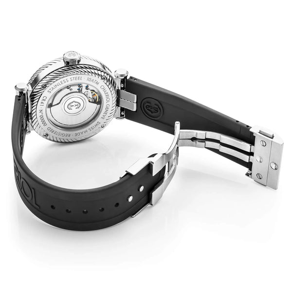 Charriol NAVIGATOR SURF 41MM AUTOMATIC CALIBRE BLACK AND SILVER LUMINOVA DIAL BLACK AND SILVER UNIDIRECTIONAL BEZEL BLACK RUBBER INTERCHANGEABLE BRACELET Watch
