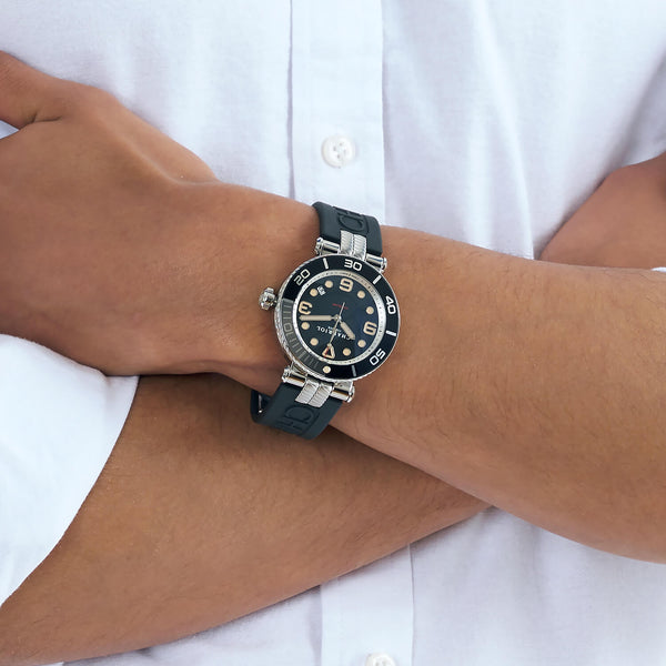 Charriol NAVIGATOR SURF 41MM AUTOMATIC CALIBRE BLACK AND SILVER LUMINOVA DIAL BLACK AND SILVER UNIDIRECTIONAL BEZEL BLACK RUBBER INTERCHANGEABLE BRACELET Watch
