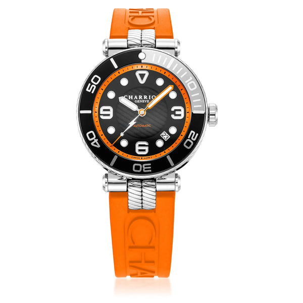 charriol NAVIGATOR SURF 41MM AUTOMATIC CALIBRE BLACK LUMINOVA DIAL BLACK AND SILVER BEZEL ORANGE RUBBER INTERCHANGEABLE BRACELET Watch charriol NAVIGATOR SURF 41MM AUTOMATIC CALIBRE BLACK LUMINOVA DIAL BLACK AND SILVER BEZEL ORANGE RUBBER INTERCHANGEABLE BRACELET Watch