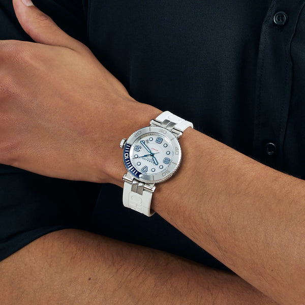 Charriol NAVIGATOR SURF 41MM AUTOMATIC CALIBRE WHITE LUMINOVA DIAL BLUE AND WHITE BEZEL WHITE RUBBER INTERCHANGEABLE BRACELET Watch