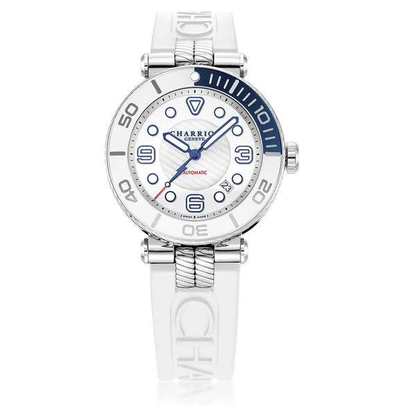 charriol NAVIGATOR SURF 41MM AUTOMATIC CALIBRE WHITE LUMINOVA DIAL BLUE AND WHITE BEZEL WHITE RUBBER INTERCHANGEABLE BRACELET Watch charriol NAVIGATOR SURF 41MM AUTOMATIC CALIBRE WHITE LUMINOVA DIAL BLUE AND WHITE BEZEL WHITE RUBBER INTERCHANGEABLE BRACELET Watch
