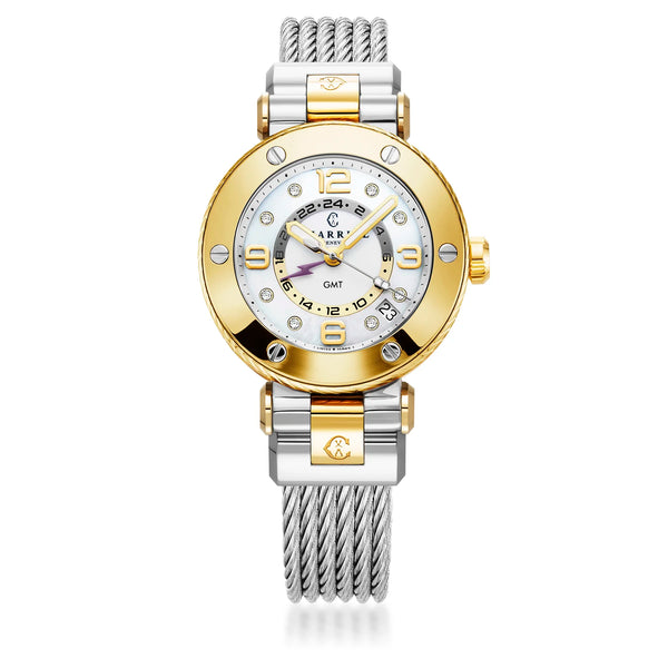 Charriol NAVIGATOR SURF GMT 36MM QUARTZ GMT CALIBRE WHITE DIAL 6 SCREWS BEZEL STEEL CABLE INTERCHANGEABLE BRACELET Watch