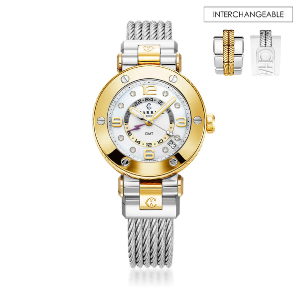 charriol NAVIGATOR SURF GMT 36MM QUARTZ GMT CALIBRE WHITE DIAL 6 SCREWS BEZEL STEEL CABLE INTERCHANGEABLE BRACELET Watch