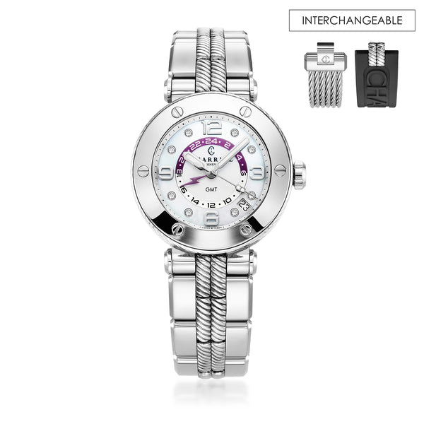 charriol NAVIGATOR SURF GMT 36MM QUARTZ GMT CALIBRE WHITE DIAL 6 SCREWS BEZEL STEEL INTERCHANGEABLE BRACELET Watch