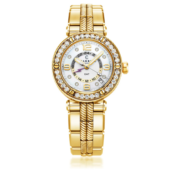 Charriol NAVIGATOR SURF GMT 36MM QUARTZ GMT CALIBRE WHITE DIAL 30 DIAMONDS BEZEL YELLOW GOLD PVD INTERCHANGEABLE BRACELET Watch