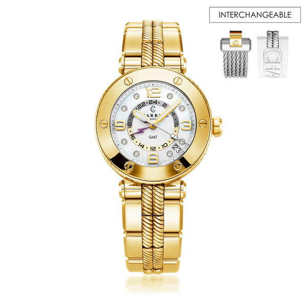 charriol NAVIGATOR SURF GMT 36MM QUARTZ GMT CALIBRE WHITE DIAL 6 SCREWS BEZEL STEEL YELLOW GOLD PVD INTERCHANGEABLE BRACELET Watch