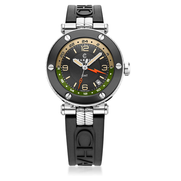 Charriol NAVIGATOR SURF GMT 41MM AUTOMATIC CALIBRE BLACK DIAL 6 SCREWS BEZEL BLACK RUBBER INTERCHANGEABLE BRACELET Limited Edition X Time_mechanic Watch