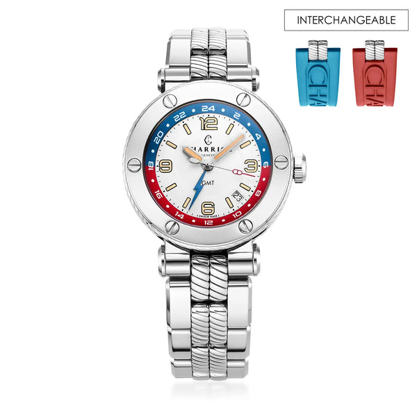 charriol NAVIGATOR SURF GMT 41MM AUTOMATIC CALIBRE WHITE DIAL 6 SCREWS BEZEL STEEL INTERCHANGEABLE BRACELET Watch