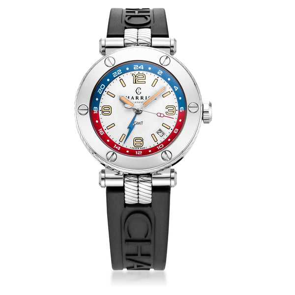 Charriol NAVIGATOR SURF GMT 41MM AUTOMATIC CALIBRE WHITE WITH RED & BLUE DIAL STEEL 6 SCREWS BEZEL BLACK RUBBER INTERCHANGEABLE STRAP Watch