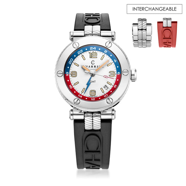 charriol NAVIGATOR SURF GMT 41MM AUTOMATIC CALIBRE WHITE WITH RED & BLUE DIAL STEEL 6 SCREWS BEZEL BLACK RUBBER INTERCHANGEABLE STRAP Watch