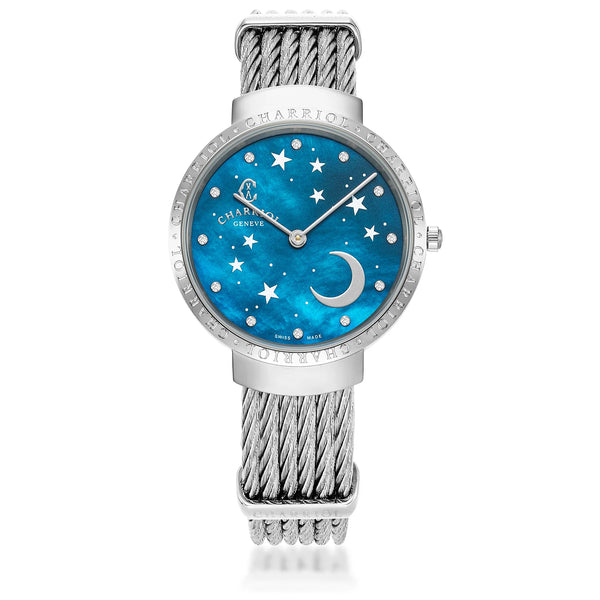 charriol SLIM 34MM QUARTZ CALIBRE BLUE STARS MOTHER-OF-PEARL WITH 12 DIAMONDS "CHARRIOL CHARRIOL" BEZEL STEEL CABLE BRACELET Watch