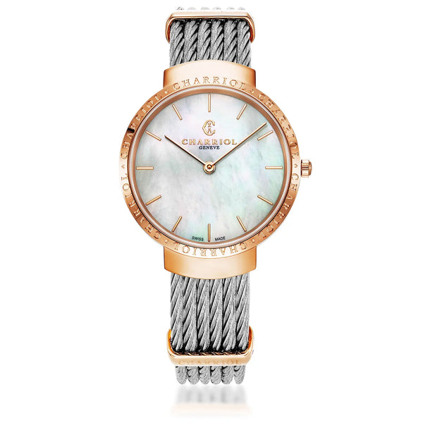 charriol SLIM 34MM QUARTZ CALIBRE MOTHER-OF-PEARL DIAL "CHARRIOL CHARRIOL" BEZEL STEEL CABLE BRACELET Watch