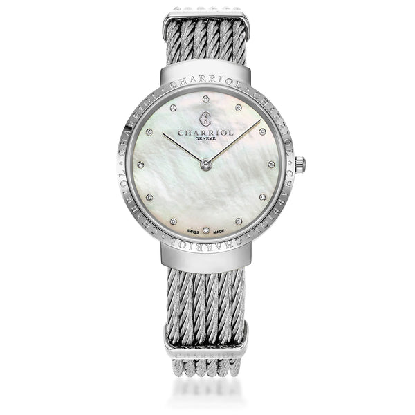charriol SLIM 34MM QUARTZ CALIBRE MOTHER-OF-PEARL WITH 12 DIAMONDS DIAL "CHARRIOL CHARRIOL" BEZEL STEEL CABLE BRACELET Watch