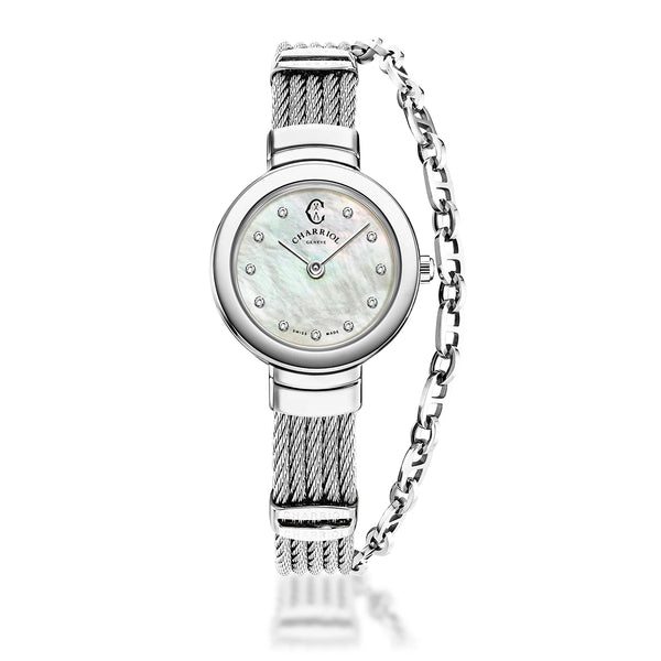 charriol ST TROPEZ 25MM QUARTZ CALIBRE MOTHER-OF-PEARL WITH 11 DIAMONDS DIAL STEEL BEZEL STEEL CABLE BRACELET Watch