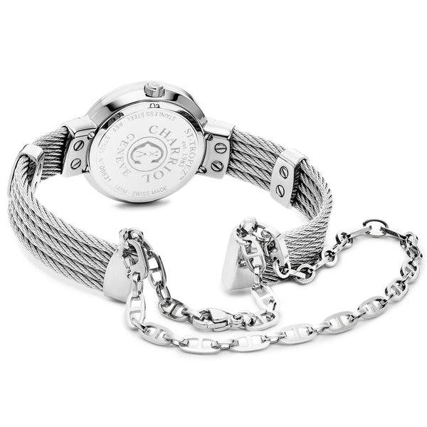 Charriol ST TROPEZ 25MM QUARTZ CALIBRE WHITE MOTHER-OF-PEARL WITH LUMINESCENT "LOVE" DIAL WHITE MOTHER-OF-PEARL WITH 8 DIAMONDS BEZEL STEEL CABLE BRACELET Watch