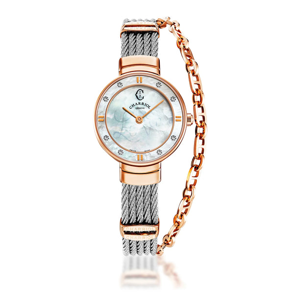 charriol ST TROPEZ 25MM QUARTZ CALIBRE WHITE MOTHER-OF-PEARL WITH LUMINESCENT "LOVE" DIAL WHITE MOTHER-OF-PEARL WITH 8 DIAMONDS BEZEL STEEL CABLE BRACELET Watch