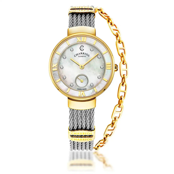 charriol ST TROPEZ 30MM QUARTZ CALIBRE MOTHER-OF-PEARL WITH 10 DIAMONDS DIAL MOTHER-OF-PEARL BEZEL STEEL CABLE BRACELET Watch