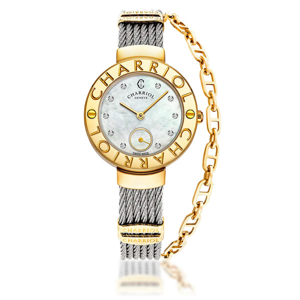 charriol ST TROPEZ 30MM QUARTZ CALIBRE MOTHER-OF-PEARL WITH 10 DIAMONDS DIAL "CHARRIOL CHARRIOL" BEZEL STEEL CABLE BRACELET Watch