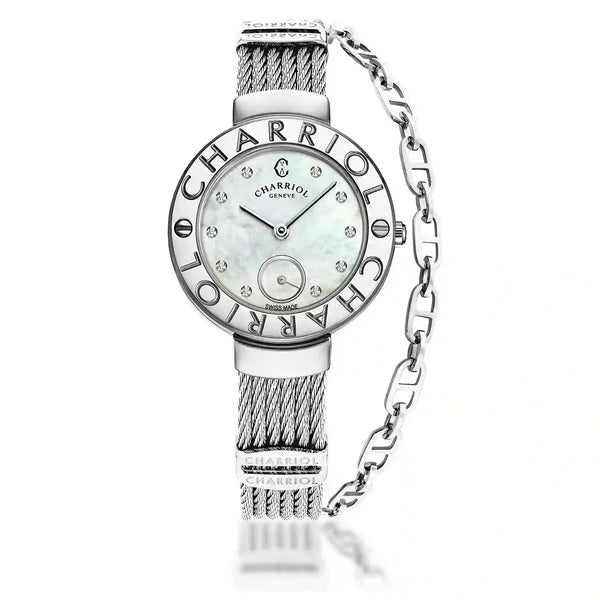 charriol ST TROPEZ 30MM QUARTZ CALIBRE MOTHER-OF-PEARL WITH 10 DIAMONDS DIAL "CHARRIOL CHARRIOL" BEZEL STEEL CABLE BRACELET Watch