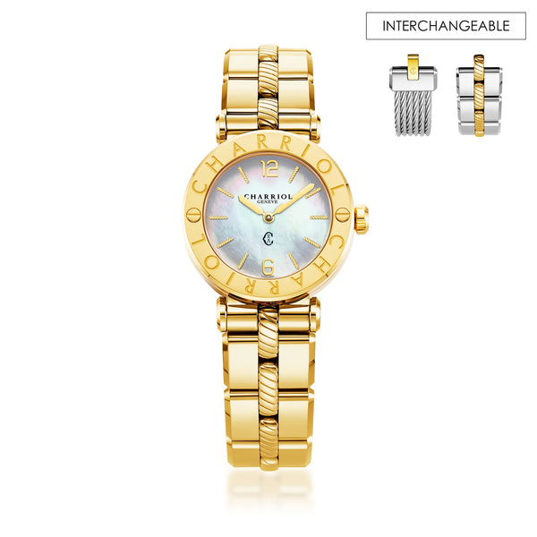 charriol St Tropez Cruise Watch White and Yellow GoldSt Tropez Cruise 28mm Watch Yellow Gold Bracelet Yellow Gold & 2 Screws Bezel and White MOP Dial Watch
