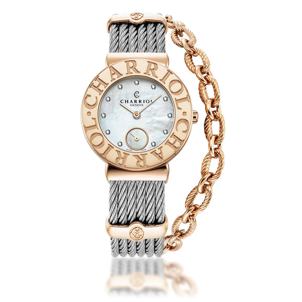 charriol ST TROPEZ ICON 30MM QUARTZ CALIBRE MOTHER-OF-PEARL WITH 11 DIAMONDS "CHARRIOL CHARRIOL" BEZEL STEEL CABLE BRACELET Watch