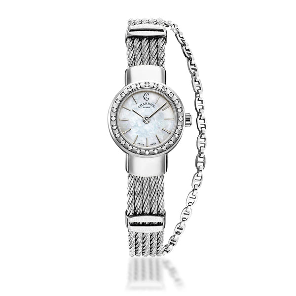 charriol ST TROPEZ® 20MM QUARTZ CALIBRE MOTHER-OF-PEARL DIAL STEEL WITH 24 DIAMONDS BEZEL STEEL CABLE BRACELET Watch