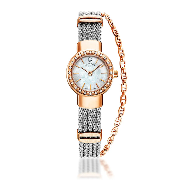 charriol ST TROPEZ® 20MM QUARTZ CALIBRE MOTHER-OF-PEARL DIAL STEEL ROSE GOLD PVD WITH 24 DIAMONDS BEZEL STEEL CABLE BRACELET Watch