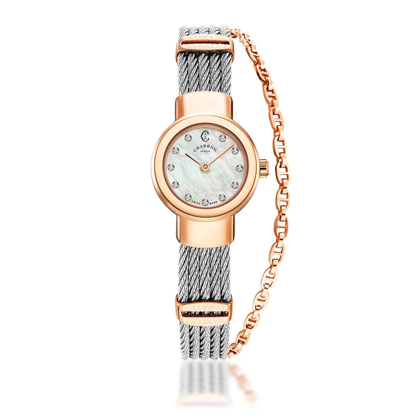 charriol ST TROPEZ® 20MM QUARTZ CALIBRE MOTHER-OF-PEARL WITH 11 DIAMONDS DIAL STEEL ROSE GOLD PVD BEZEL STEEL CABLE BRACELET Watch