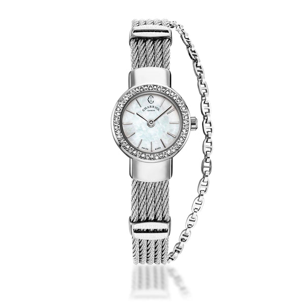 charriol ST TROPEZ® 20MM QUARTZ CALIBRE WHITE MOTHER-OF-PEARL DIAL STEEL WITH 48 DIAMONDS BEZEL STEEL CABLE BRACELET Watch