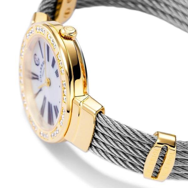 Charriol ST TROPEZ® 25MM QUARTZ CALIBRE MOTHER-OF-PEARL DIAL YELLOW GOLD PVD WITH 36 DIAMONDS BEZEL STEEL CABLE BRACELET & YELLOW GOLD PVD DECORS Watch