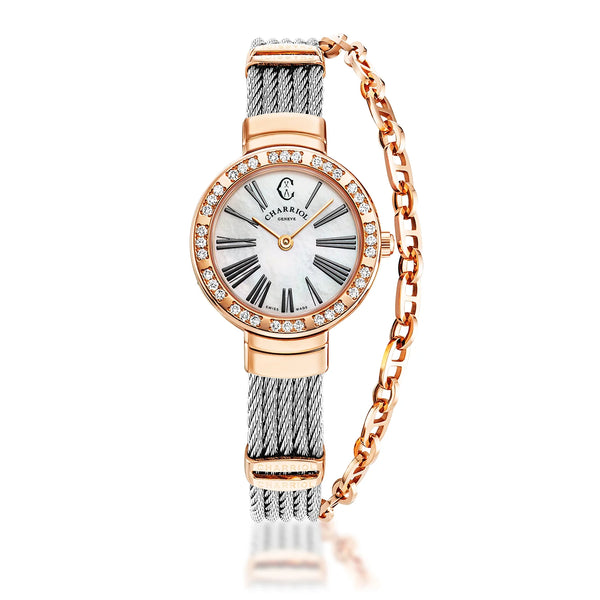 charriol ST TROPEZ® 25MM QUARTZ CALIBRE MOTHER-OF-PEARL DIAL ROSE GOLD PVD WITH 36 DIAMONDS BEZEL STEEL CABLE BRACELET Watch