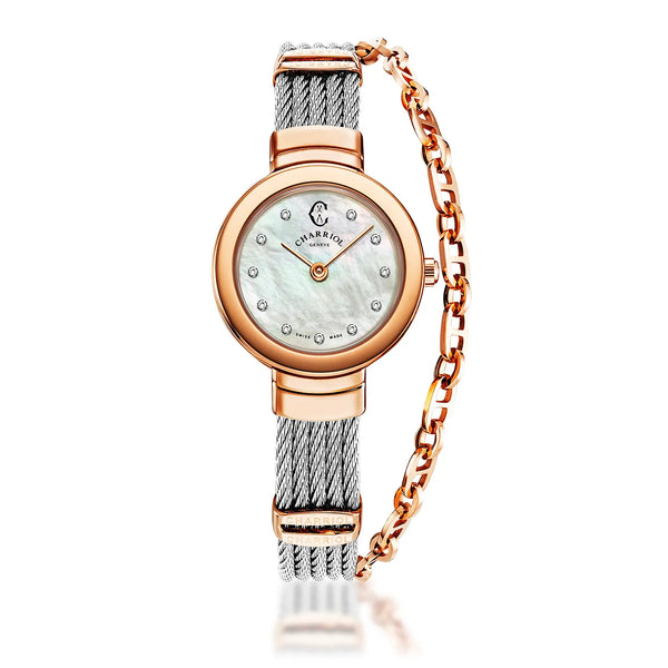 charriol ST TROPEZ® 25MM QUARTZ CALIBRE MOTHER-OF-PEARL WITH 11 DIAMONDS DIAL ROSE GOLD PVD BEZEL STEEL CABLE BRACELET & ROSE GOLD PVD DECORS Watch